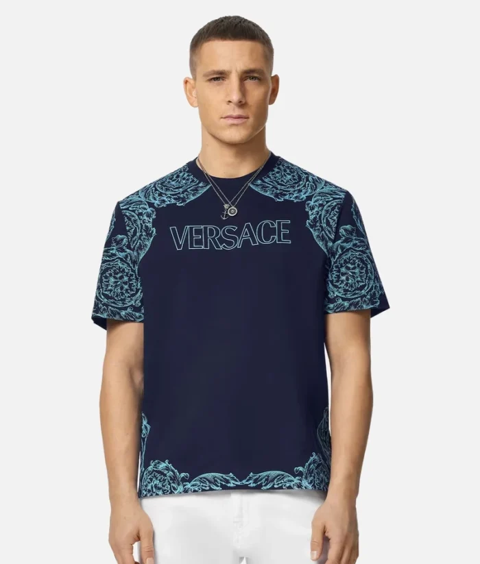 Italien Versace Barocco Schablone T Shirt Blau (1)